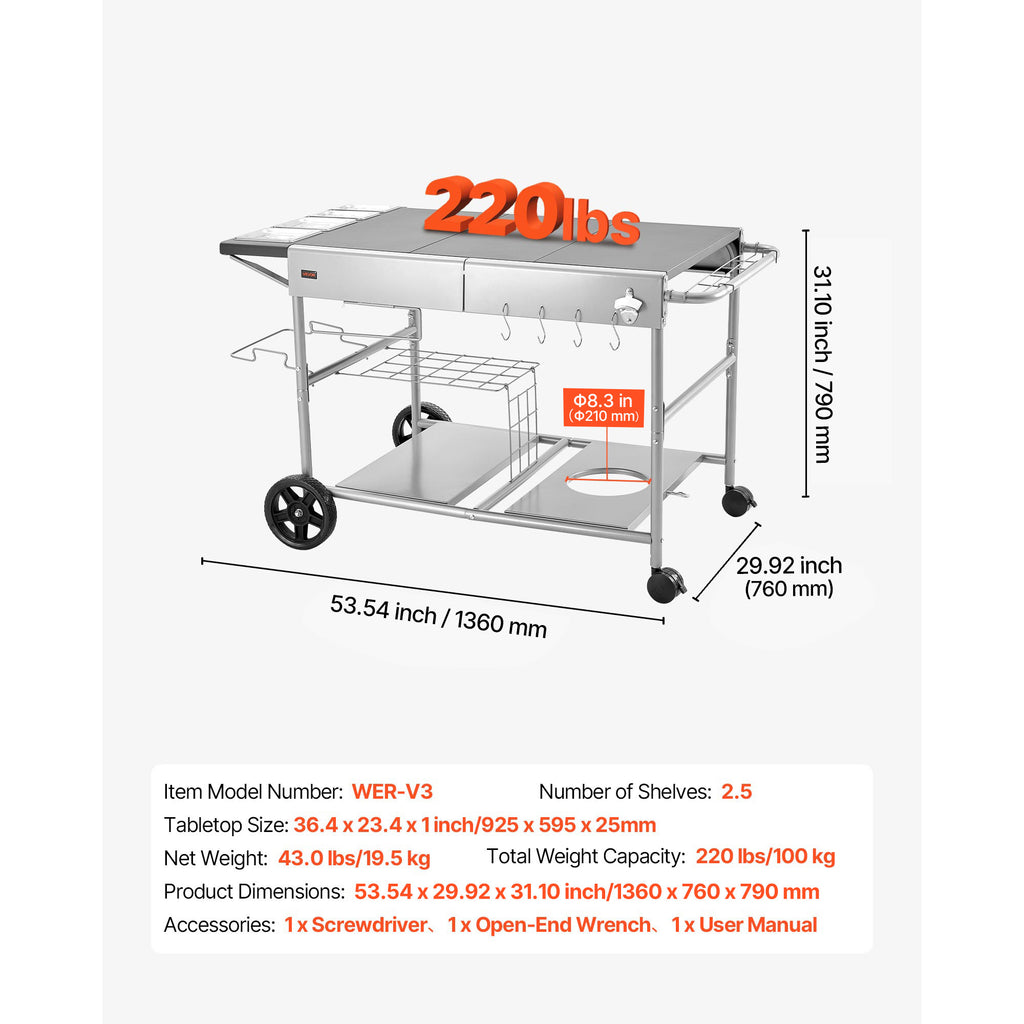 VEVOR Outdoor Grill Cart, 36.4 x 23.4 x 1 inch Tabletop Size Grilling Table, Movable Outdoor Cooking Table with 4 Spice Containers, Wheels, Lids, Hooks, BBQ Prep Tables for Picnic, Kitchen, Courtyard