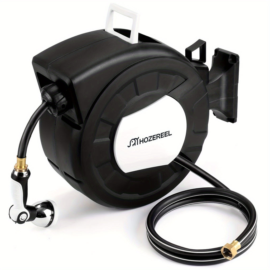100ft X 1/2" Retractable Garden Hose Reel, Decorative Outdoor Garden Hose Reels - Automatic Self Retract Wall Mount Hose Reel Enclosed Storage, Any Length Lock, 10Pattern Nozzle-Black & White