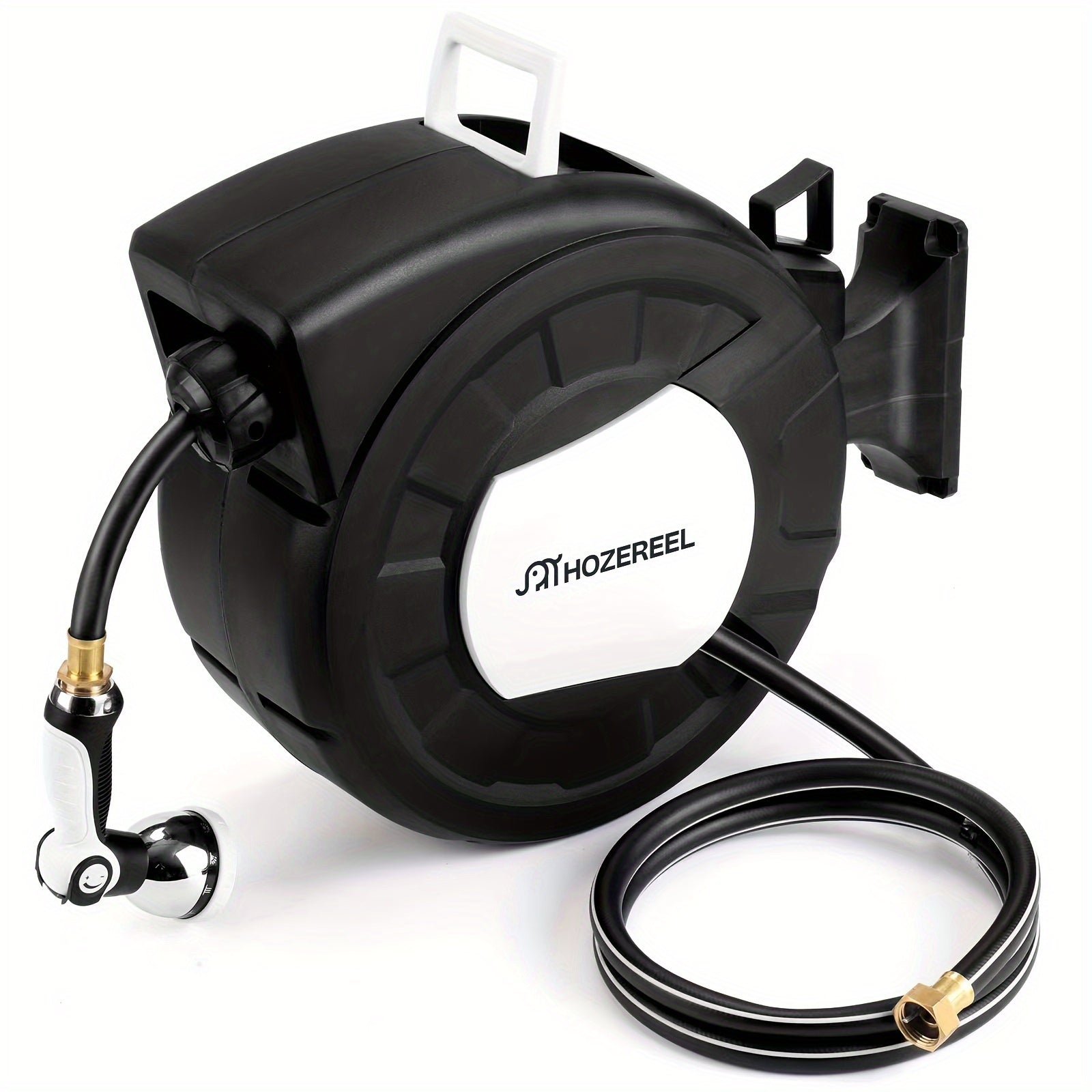 100ft X 1/2" Retractable Garden Hose Reel, Decorative Outdoor Garden Hose Reels - Automatic Self Retract Wall Mount Hose Reel Enclosed Storage, Any Length Lock, 10Pattern Nozzle-Black & White