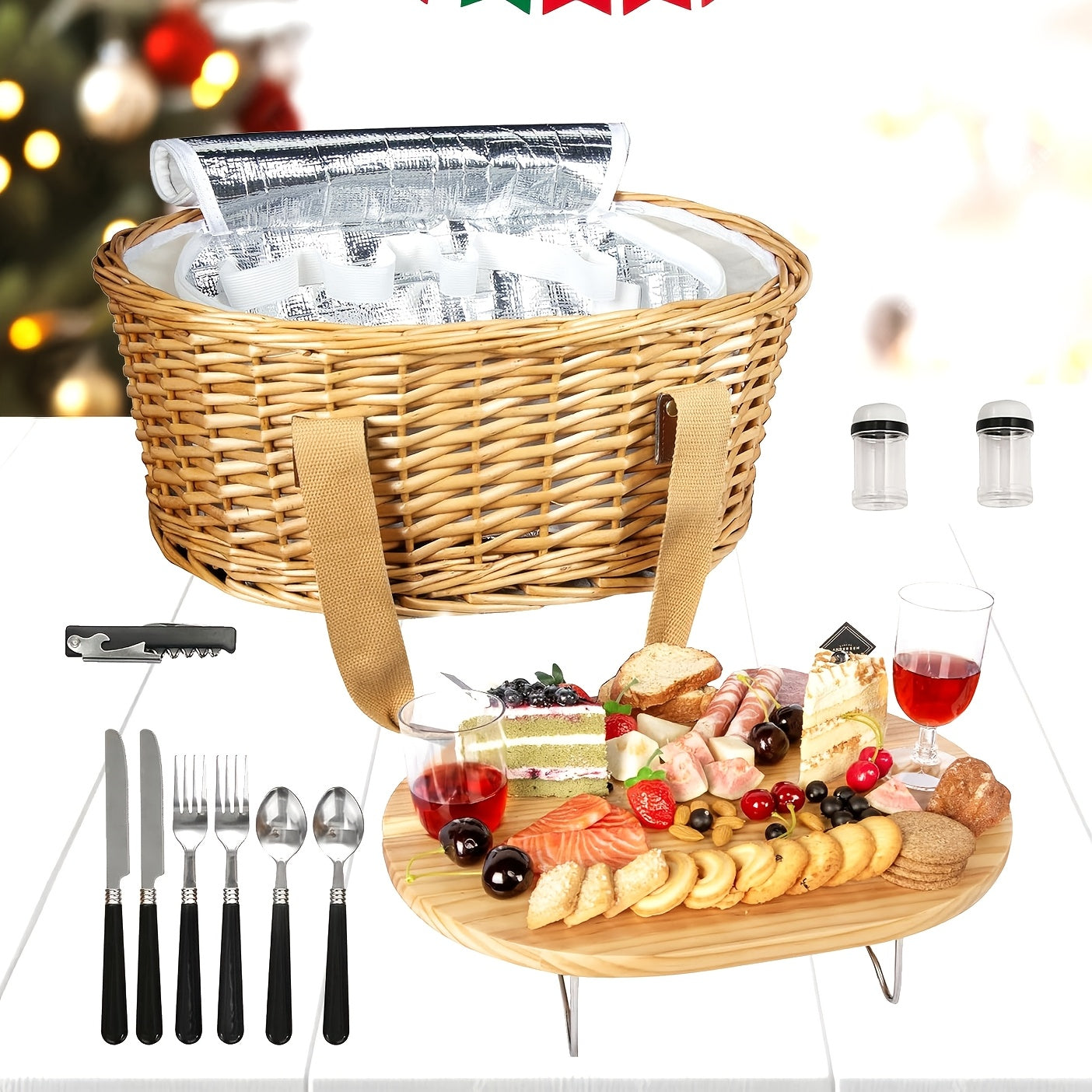 [100% Handwoven]Wicker Picnic Basket Set for 2/4 with Mini Folding Wine Picnic Table & Large Insulated Cooler Bag & Cutlery Service Kits for 2/4 Person, Couples Gifts, Wedding Gifts, Christmas Gift Non-Food Direct Contact