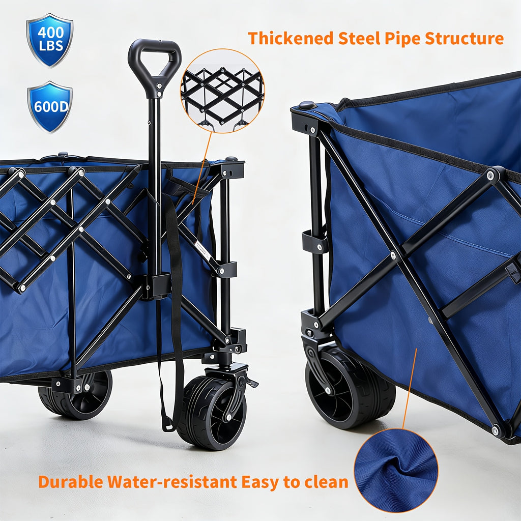 Collapsible Wagon Cart - 440Lbs Foldable Extra Long Heavy Duty Utility Wagon with Wheels, Portable Storage Grocery Cart for Camping, Shopping, Sports, Beach, Garden