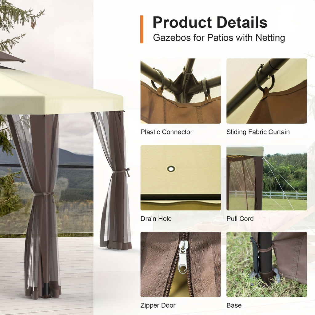 Outdoor Gazebo, 10x10 Patio Gazebo Waterproof Canopy Tent UV-Resistant 2-Tier Top Sturdy Canopy Tent for Camping with Mosquito Netting for Garden Patio Backyard