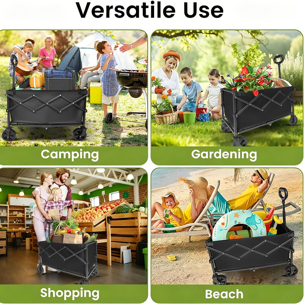 Heavy Duty 600LBS Foldable Wagon Cart, Large Capacity Collapsible Utility Cart with Side Cup Holders, All-Terrain Wheels Outdoor Garden Yard Shopping Camping Beach Hauling Cart