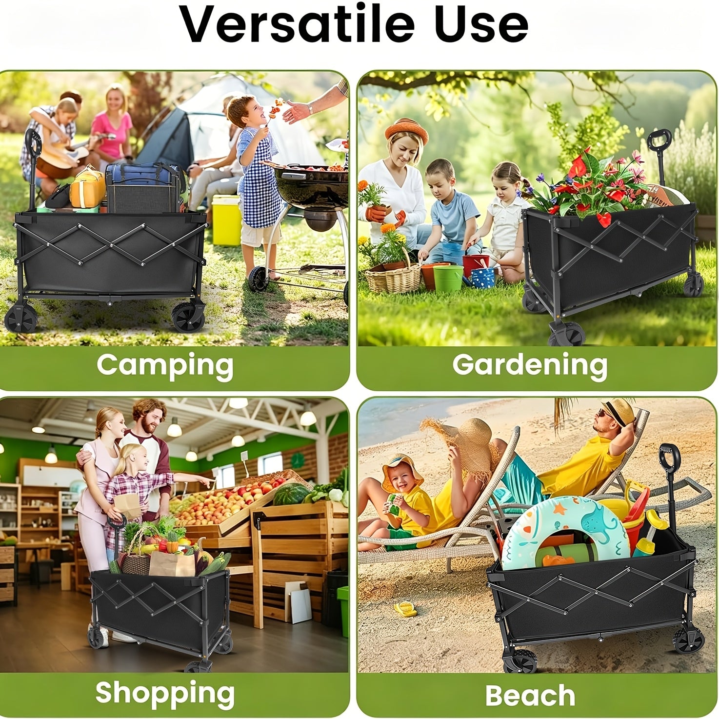 Heavy Duty 600LBS Foldable Wagon Cart, Large Capacity Collapsible Utility Cart with Side Cup Holders, All-Terrain Wheels Outdoor Garden Yard Shopping Camping Beach Hauling Cart