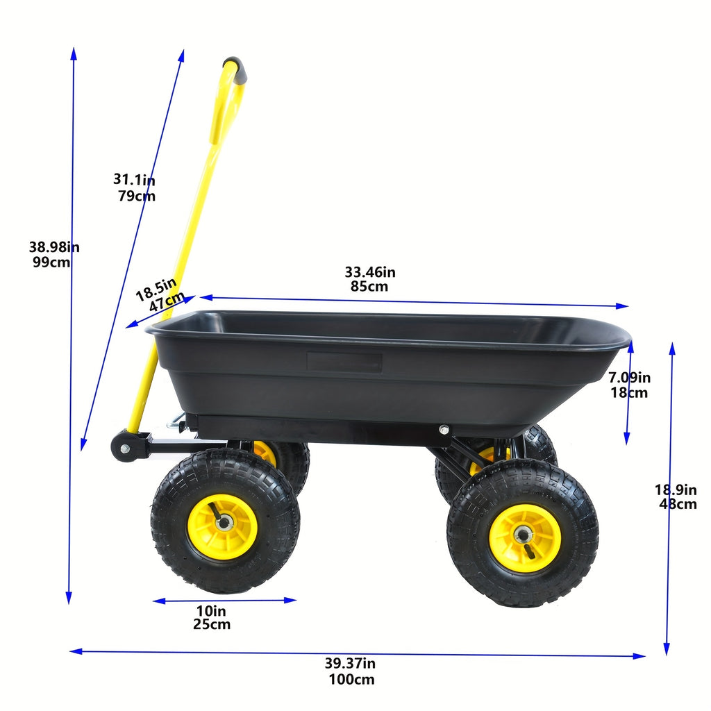 Poly Garden Dump Cart with Steel Frame Yard Dump Utility Cart Heavy Duty Garden Dump Truck with Wheels 330 Lbs Yard Wagon Cart with 180° Rotating Handle And 10 Inches Pneumatic Tire 19.81gal for Outdoor Lawn Yard