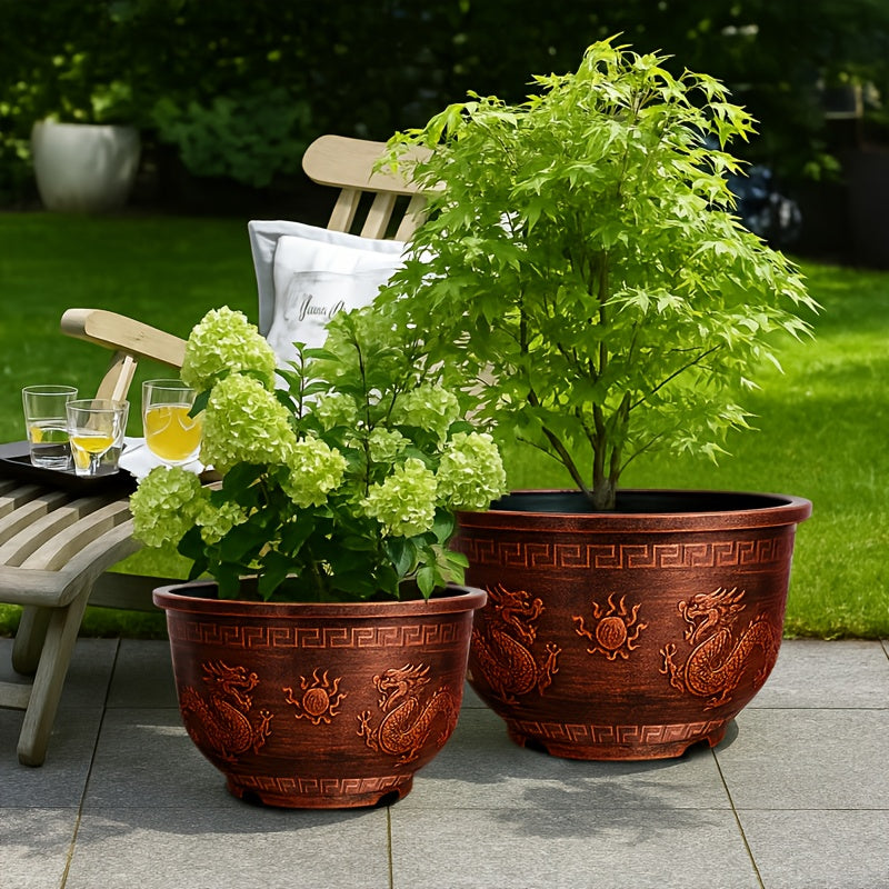 Set - 2pcs,17 Inches Copper Dragon Pattern Planter - Christmas And Halloween Flower Pot, Ideal for Lotus & Halloween Decorations Outdoor & Christmas Decorations for Home. Gardening Gift,home Decor