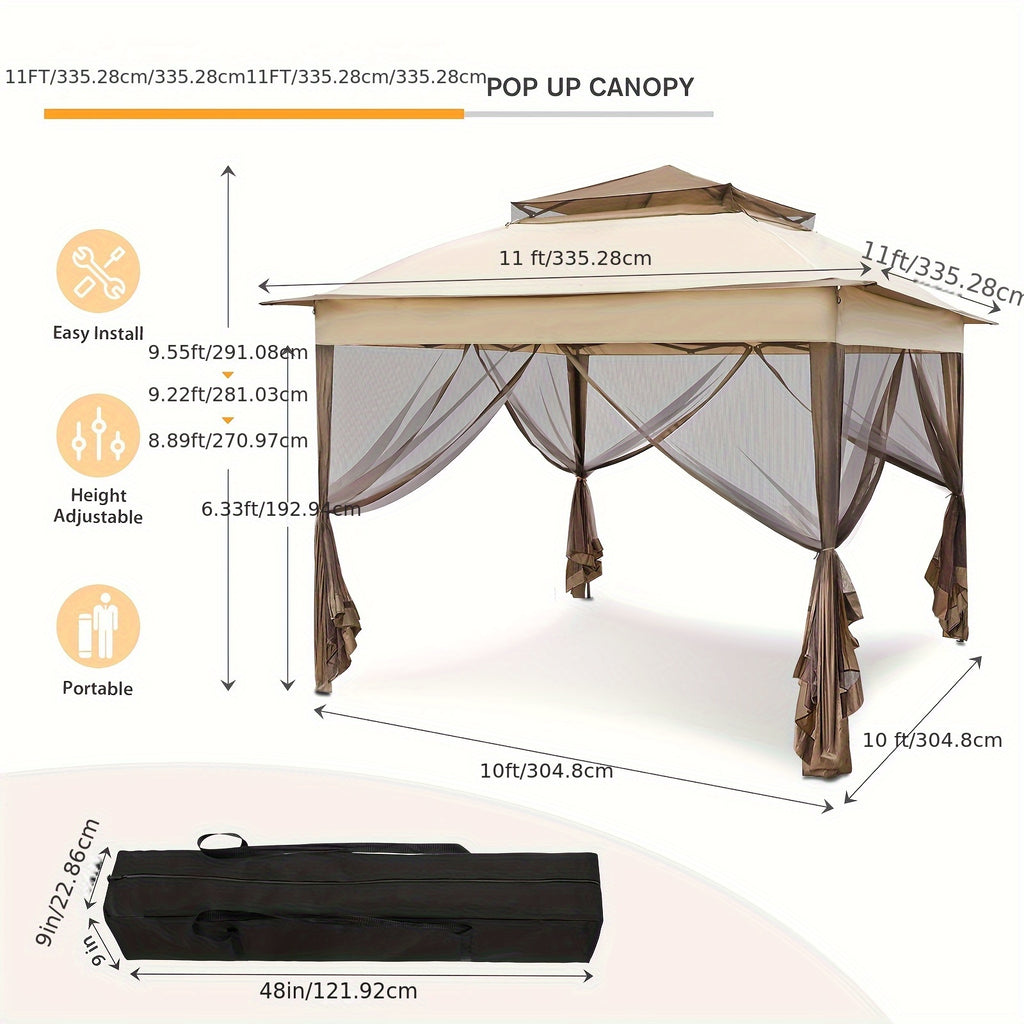 11x11 Instant Pop-Up Gazebo Tent with Mosquito Netting Suitable for Outdoor, Portable Canopy for Camping, Picnic, Backyard, Poolside - Setup, No Assembly Required, Lightweight Frame & Netted Walls for
