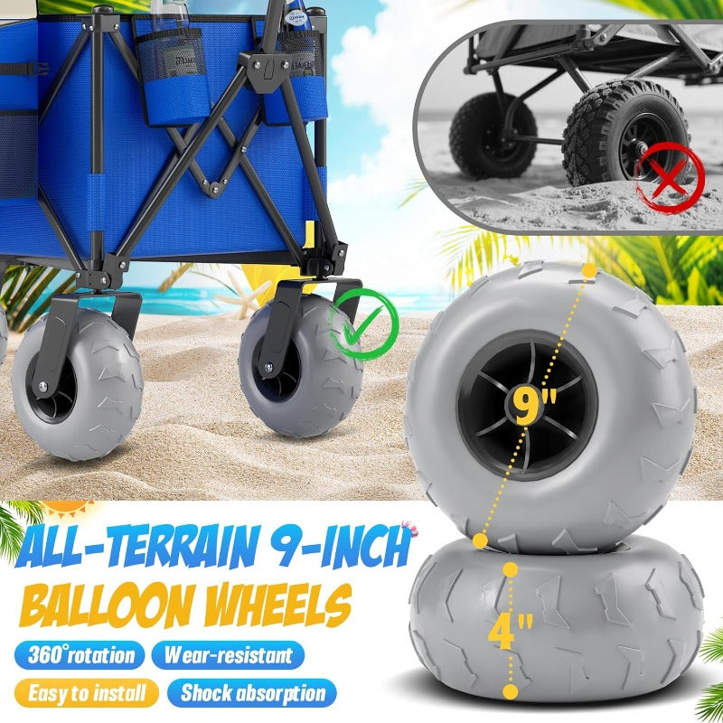 [Beach Cart & Wagon] Heavy-Duty Large Wheel Beach Cart & Transport Wagon with 450 lbs Capacity, 68.68gal Capacity, 9-Inch All-Terrain Tires, Foldable Design, Adjustable Handlebar & Storage Bag & Cooler - Sturdy Multi-Layer Carbon Steel Frame, Reinforced P