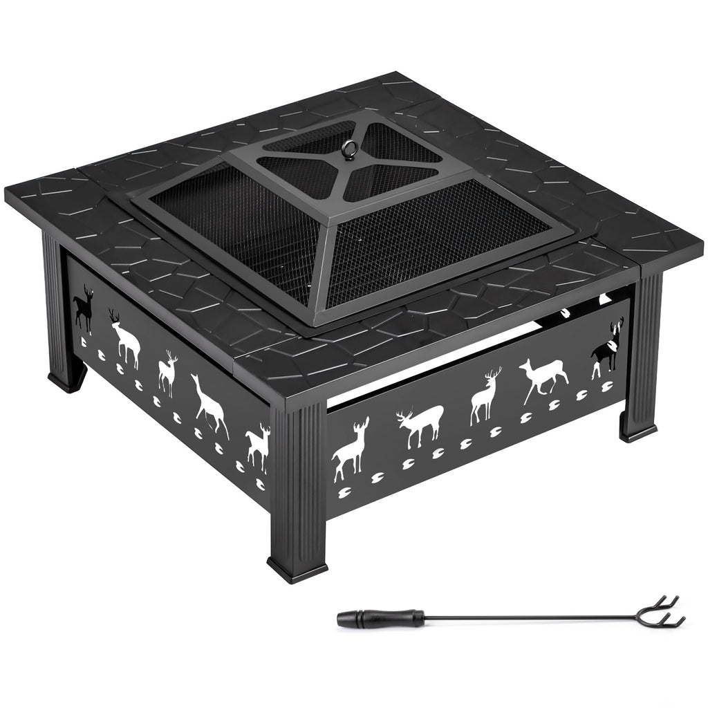 32in Round Wrought Iron with Grill Pan Wood Burning Fire Pit Black Autumn Fall Maple Pumkin Harvest Thanksgiving Christmas Crow Decorations