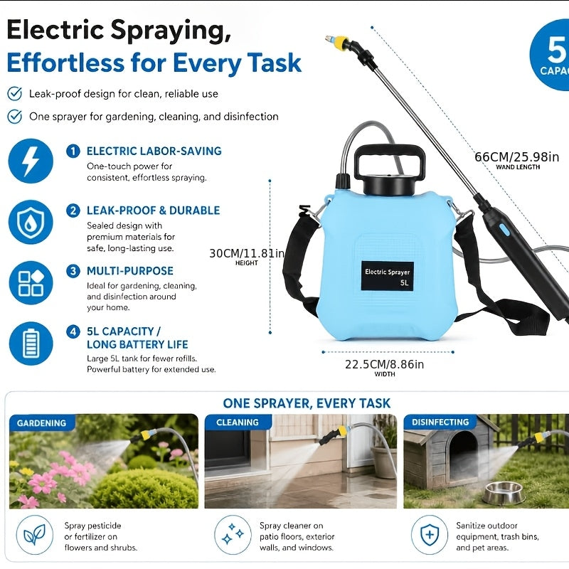 High-Efficiency Labor-Saving Electric Sprayer, Large Capacity, Kink-Resistant Hose, Backpack-Type Water Spray Can, 1.35 Gallon/5 Liter USB Rechargeable Electric Garden Sprayer. Portable Sprayer Equipped with a 25.9-inch Telescopic Wand, 3-setting