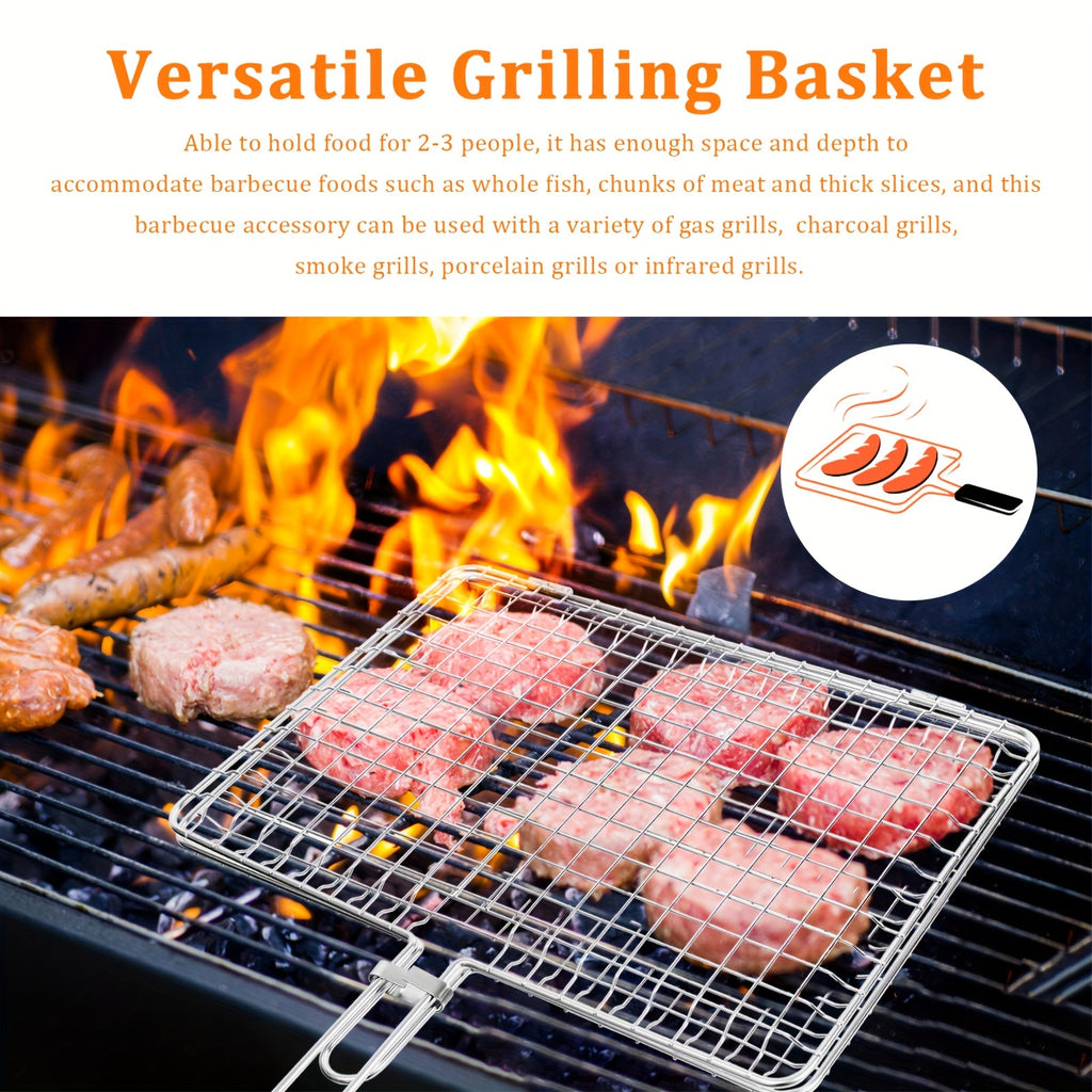 Stainless Steel Folding Barbecue Basket Portable Outdoor Camping Barbecue Accessories Suitable for Chicken, Meat, Fish, Steak, Vegetables, Grilled Skewers, Seafood, Dad Barbecue Gifts