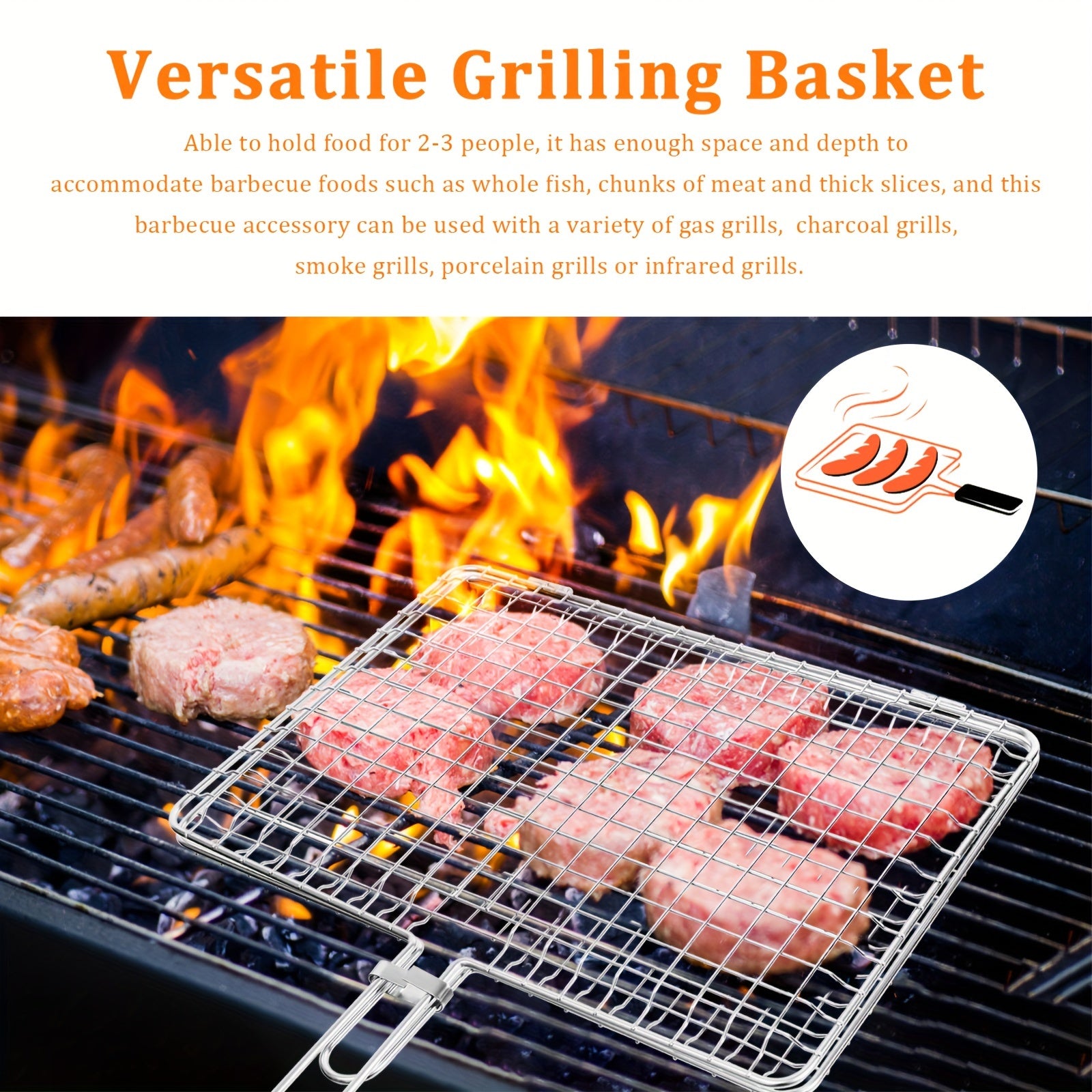 Stainless Steel Folding Barbecue Basket Portable Outdoor Camping Barbecue Accessories Suitable for Chicken, Meat, Fish, Steak, Vegetables, Grilled Skewers, Seafood, Dad Barbecue Gifts
