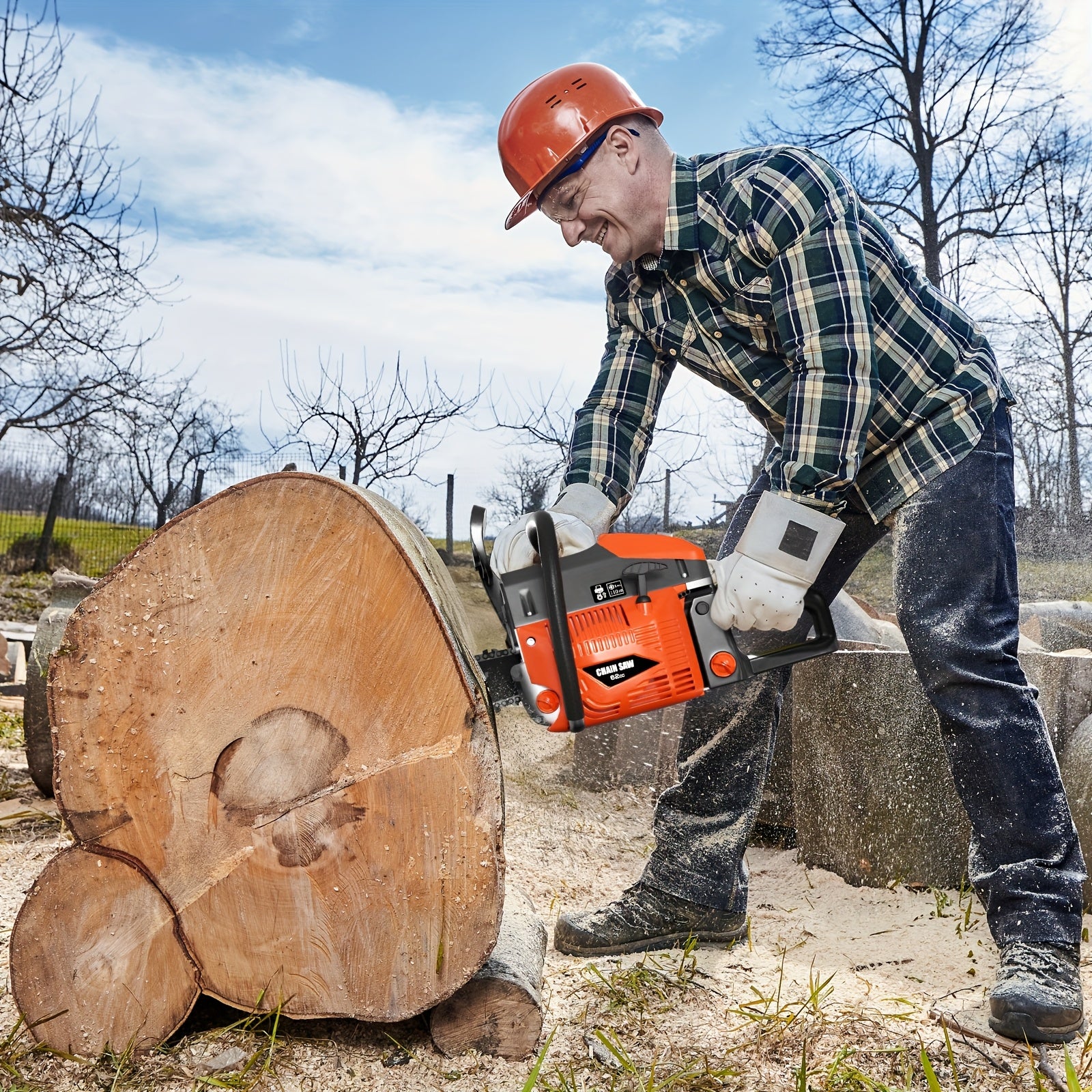 62CC Professional Chainsaw with 20, 22, 18, and 24 Inch Options, Featuring a 2-Stroke Engine, Ergonomic Non-Slip Handle, and Dual Fuel Tanks, Ideal for Cutting Wood, Trimming Trees, and Clearing Land