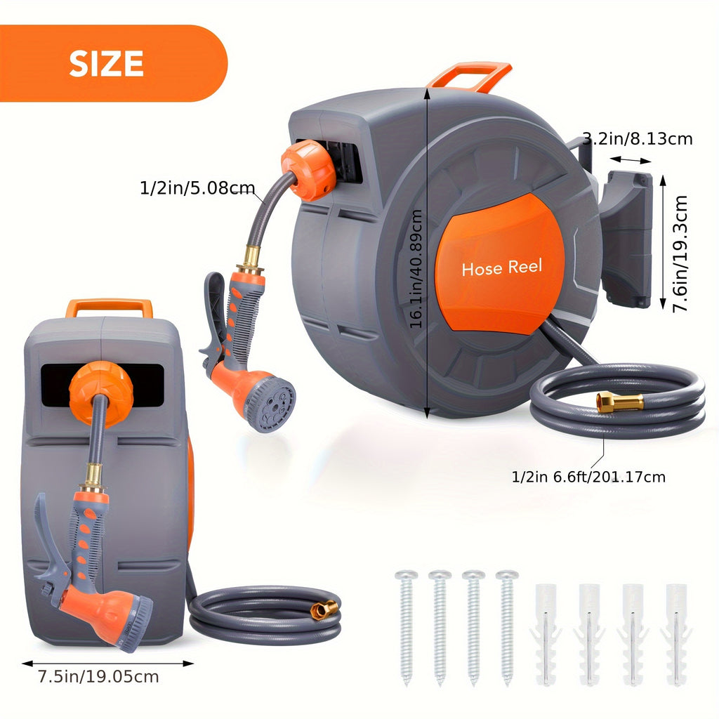 1pc EUKER Automatic Garden Hose Reel with 9-Function Sprayer, 180° Swivel, Automatic Rewind & Slow Return System, 100ft/28+2m Length, 1/2" Hose, 1/2" Hose Reel