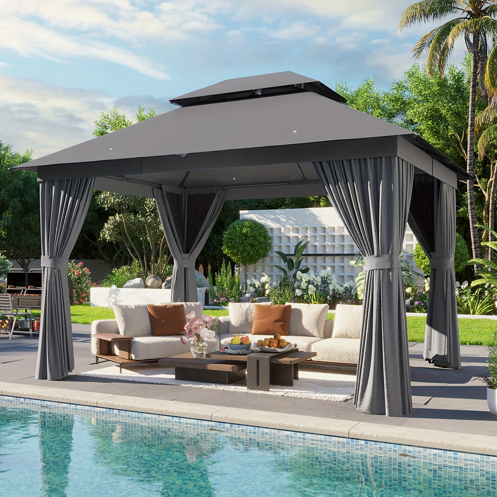 10'x12'/10'x10'/8'x8' Outdoor Gazebo & Pergola for Patio - Double Roof Steel Canopy with Mosquito Net And Privacy Screen, Heavy Duty Party Tent Shelter for Backyard, Lawn, Garden, All-Weather Gazebos with Patio Cover (Grey/Beige/Blue)