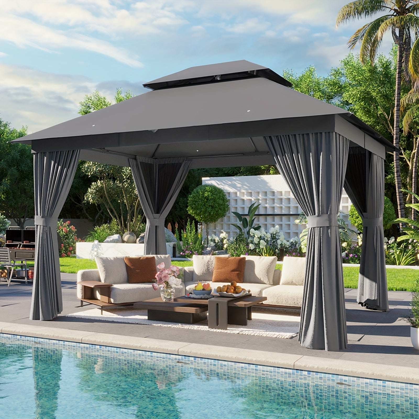10'x12'/10'x10'/8'x8' Outdoor Gazebo & Pergola for Patio - Double Roof Steel Canopy with Mosquito Net And Privacy Screen, Heavy Duty Party Tent Shelter for Backyard, Lawn, Garden, All-Weather Gazebos with Patio Cover (Grey/Beige/Blue)