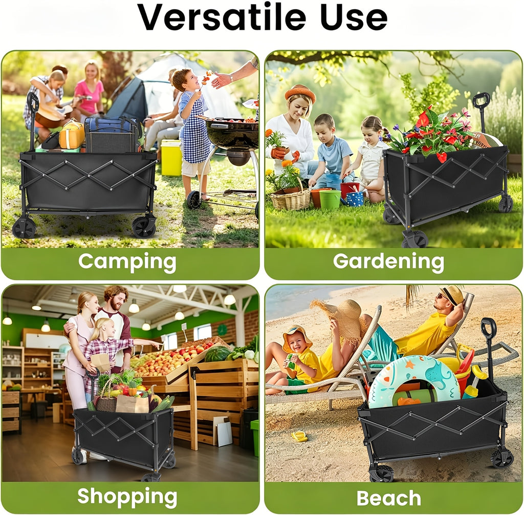 Heavy Duty 600LBS Foldable Wagon Cart, Large Capacity Collapsible Utility Cart with Side Cup Holders, All-Terrain Wheels Outdoor Garden Yard Shopping Camping Beach Hauling Cart