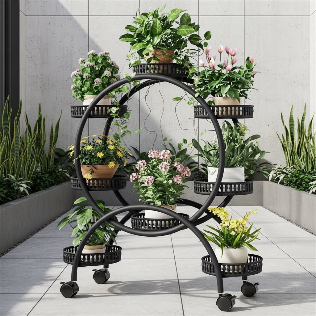 Six-Tiered Black Metal Plant Stand Garden Cart with Wheels for Displaying Flower Pots, Ideal for Home, Patio, Porch, And Balcony Decoration