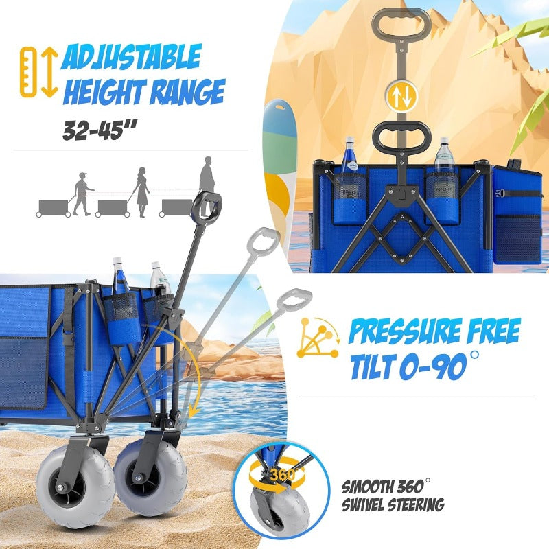 [Beach Cart & Wagon] Heavy-Duty Large Wheel Beach Cart & Transport Wagon with 450 lbs Capacity, 68.68gal Capacity, 9-Inch All-Terrain Tires, Foldable Design, Adjustable Handlebar & Storage Bag & Cooler - Sturdy Multi-Layer Carbon Steel Frame, Reinforced P