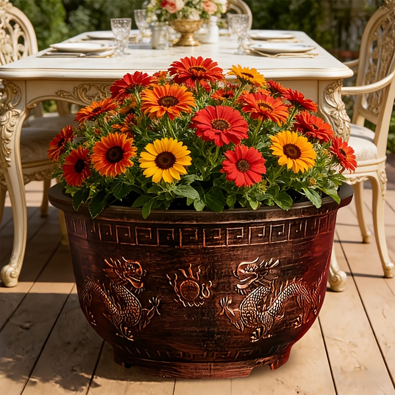 Set - 2pcs,17 Inches Copper Dragon Pattern Planter - Christmas And Halloween Flower Pot, Ideal for Lotus & Halloween Decorations Outdoor & Christmas Decorations for Home. Gardening Gift,home Decor