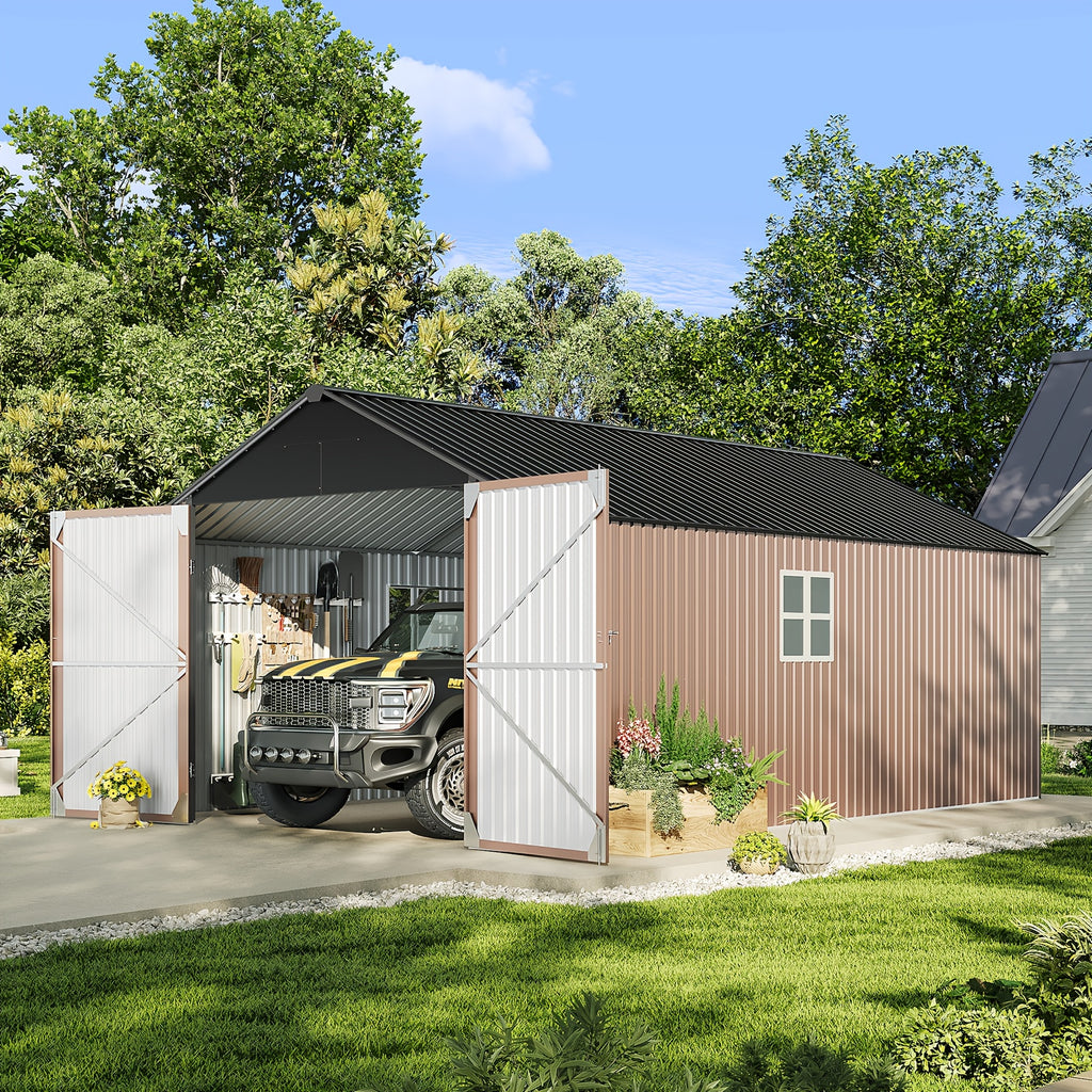 12x20x9.3/12x14/6x4ft Metal Storage Shed - Outdoor Garden Shed Kit, Lockable Tool Shed, Backyard Shed with Double Hinged Doors, 4 Windows, Carport for Car, Truck, Bike and Lawn Mower & Equipment, Brown
