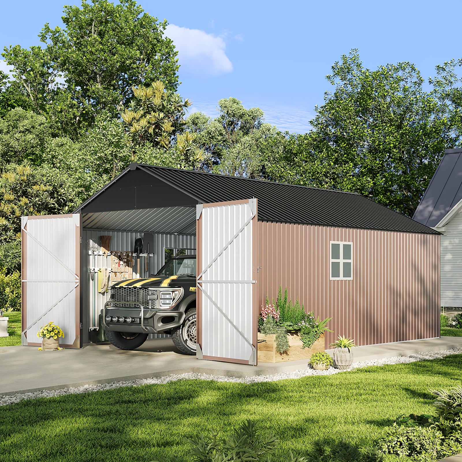 12x20x9.3/12x14/6x4ft Metal Storage Shed - Outdoor Garden Shed Kit, Lockable Tool Shed, Backyard Shed with Double Hinged Doors, 4 Windows, Carport for Car, Truck, Bike and Lawn Mower & Equipment, Brown