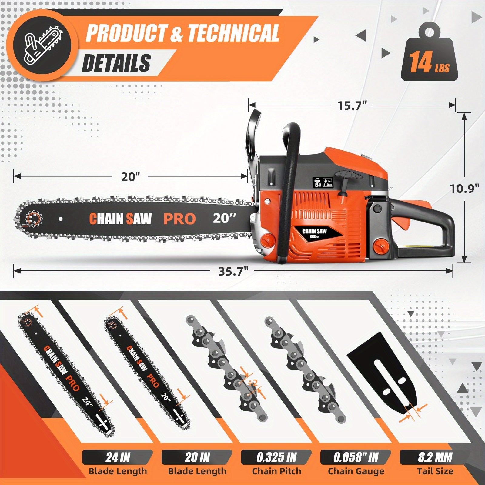 62CC Professional Chainsaw with 20, 22, 18, and 24 Inch Options, Featuring a 2-Stroke Engine, Ergonomic Non-Slip Handle, and Dual Fuel Tanks, Ideal for Cutting Wood, Trimming Trees, and Clearing Land