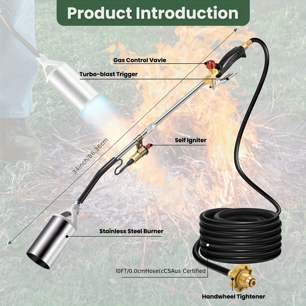 Portable Propane Torch Weed Burner Kit with Storage Bag, High Output BTUs Weed Torch with 10ft Hose, Self Igniter Weed Flame Torch for Weeding, Campfires, Roofing, Melting Snow And Ice, Road Marking, Perfect Gift for Birthdays, Holidays & More