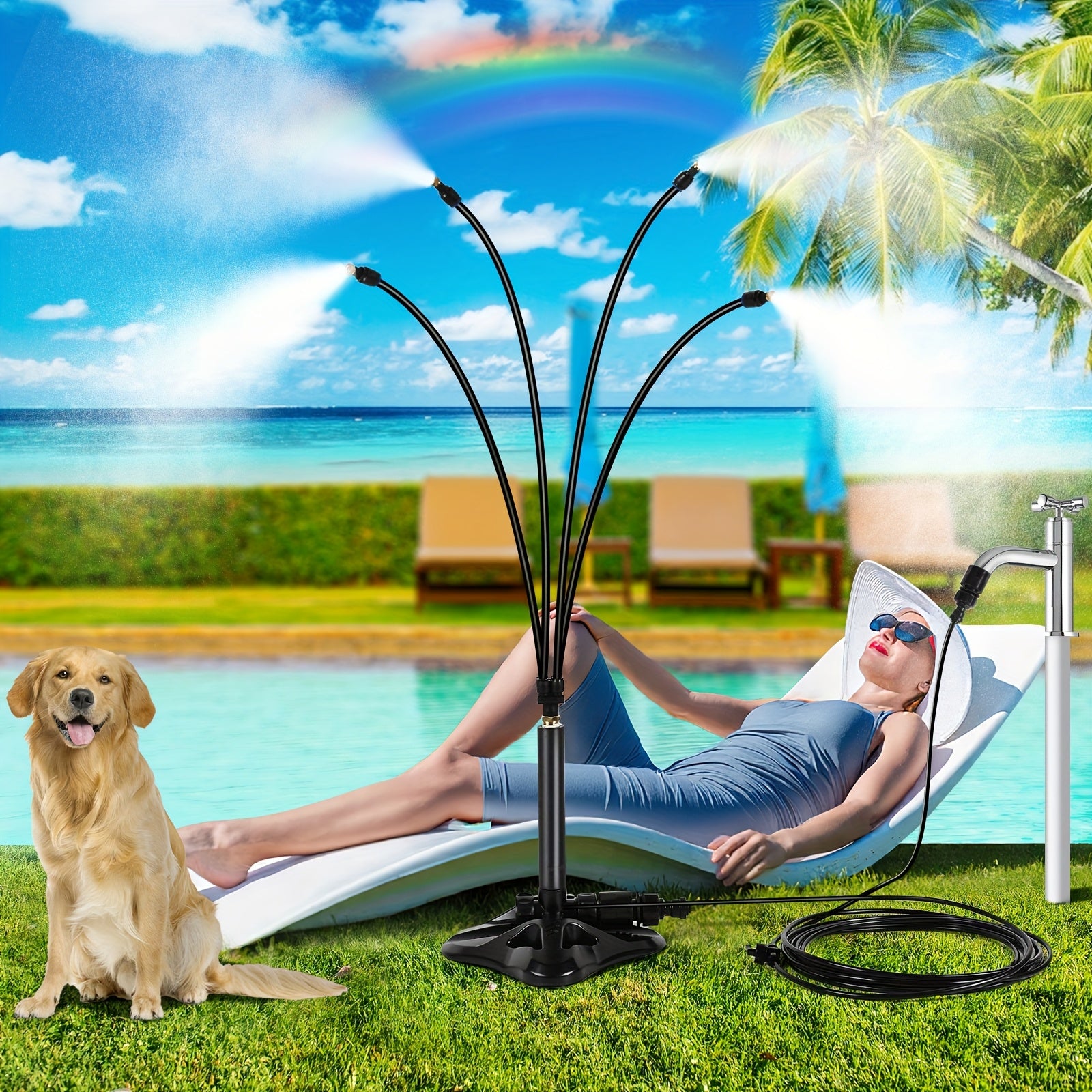 Mist Cooling System, Outdoor Patio Standing Mist, Portable Standing Mist Cooling System with 26.24ft. Spray Line, Upgraded Misting System for Patios, Pools, Gardens Watering, Water Play, Pet Cooling, No Plugging In Or Energized Use, 5 Water Pipes.