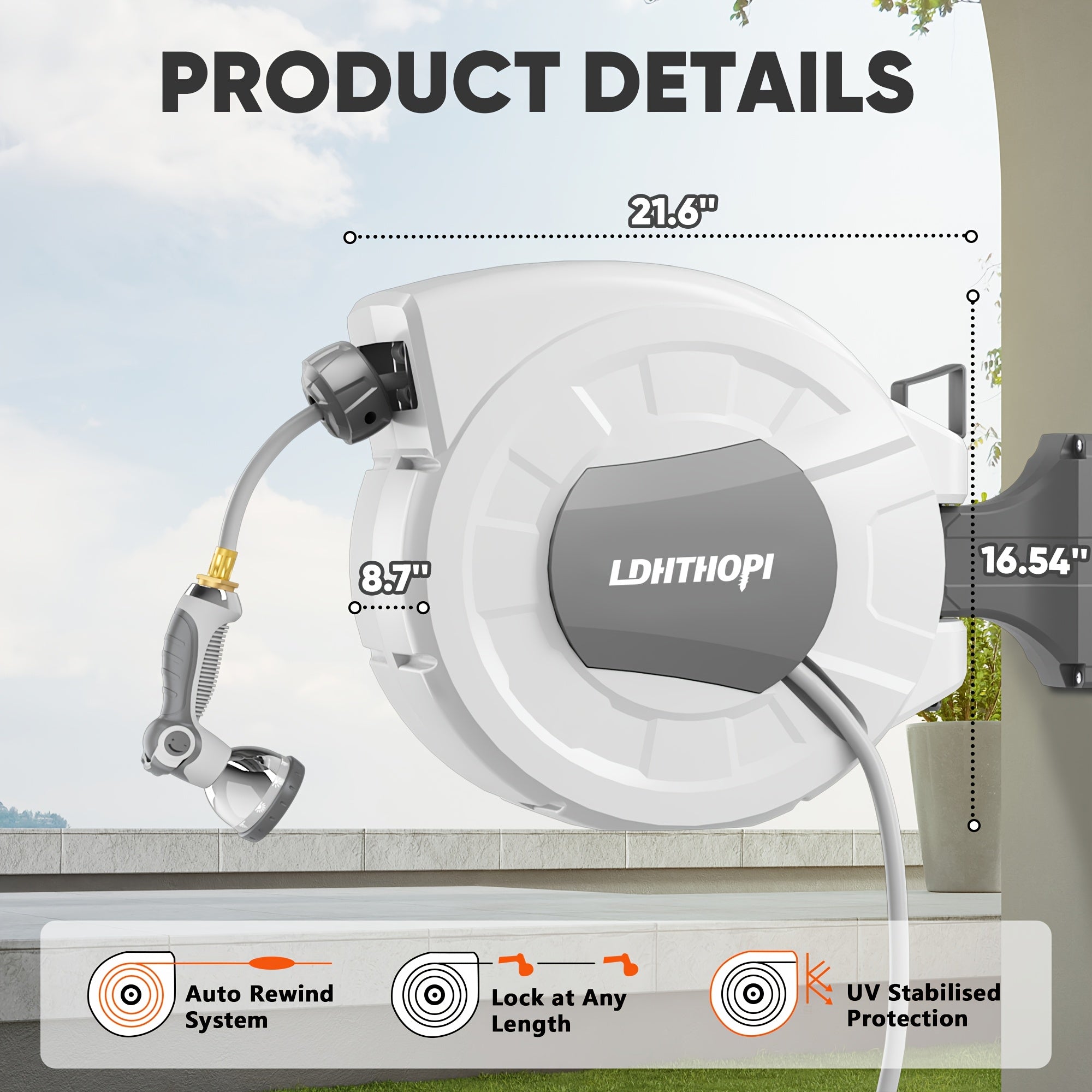 40/100/110/130FT X 1/2" Retractable Garden Hose Reel, Decorative Outdoor Garden Hose Reels - Automatic Self-Retracting Wall-Mount Hose Reel with Enclosed Storage, Any Length Lock, 10 Patterns Nozzle