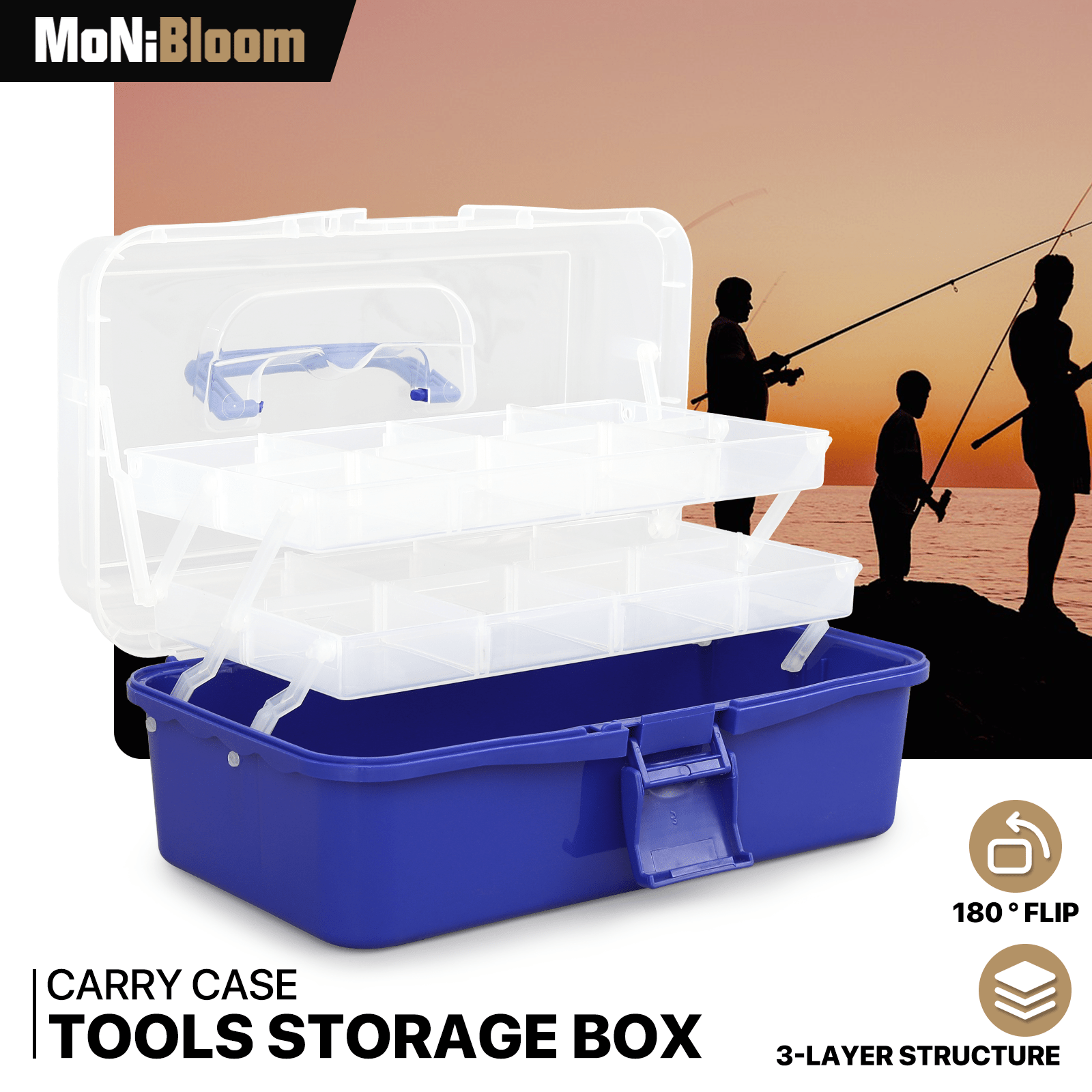 MoNiBloom Portable Tackle Box Organizer with Handle, 3-Layer Compartment Plastic Storage Tool Box Waterproof Container Case for Fishing Tackles, Makeup, Hair Accessories