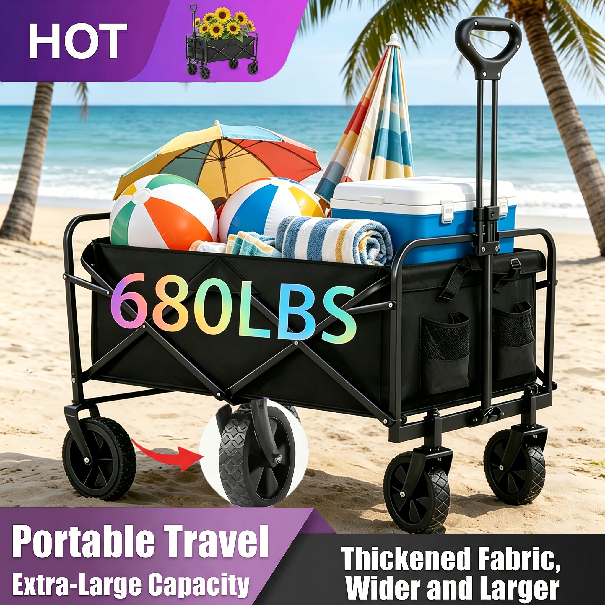 Heavy-Duty Foldable Beach Buggy, Large-Capacity Portable Folding Multi-Purpose Trolley, Equipped with All-Terrain Wide Wheels And Thickened Fabric, Suitable for Outdoor Travel, Fishing, Beach, Camping, Shopping, And Other Activities