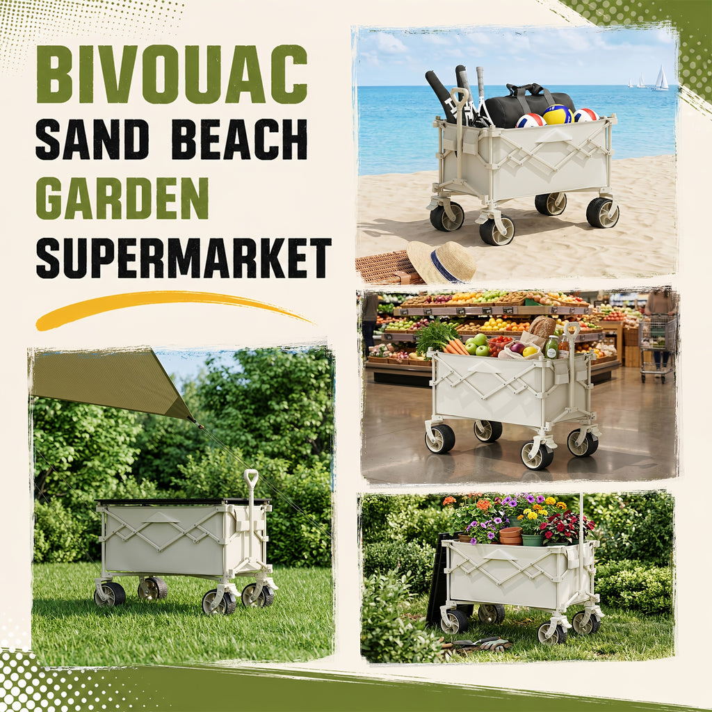 Collapsible Wagon Cart with Canopy And Bamboo Tabletop - Portable Utility Garden Cart for Camping And Outdoor Activities,  Tailgating Supplies, Foldable Design, Compact Storage, Easy Assembly, Sturdy Frame, Event Organizers