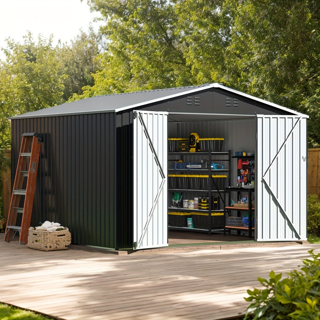 5x3FT 10x10FT Outdoor Storage Shed, Large Garden Shed, With Slooping Roof And Vent, Updated Reinforced And Lockable Doors, Metal Storage Shed For Patiofor Backyard, Patio, Garage, Lawn, Grey