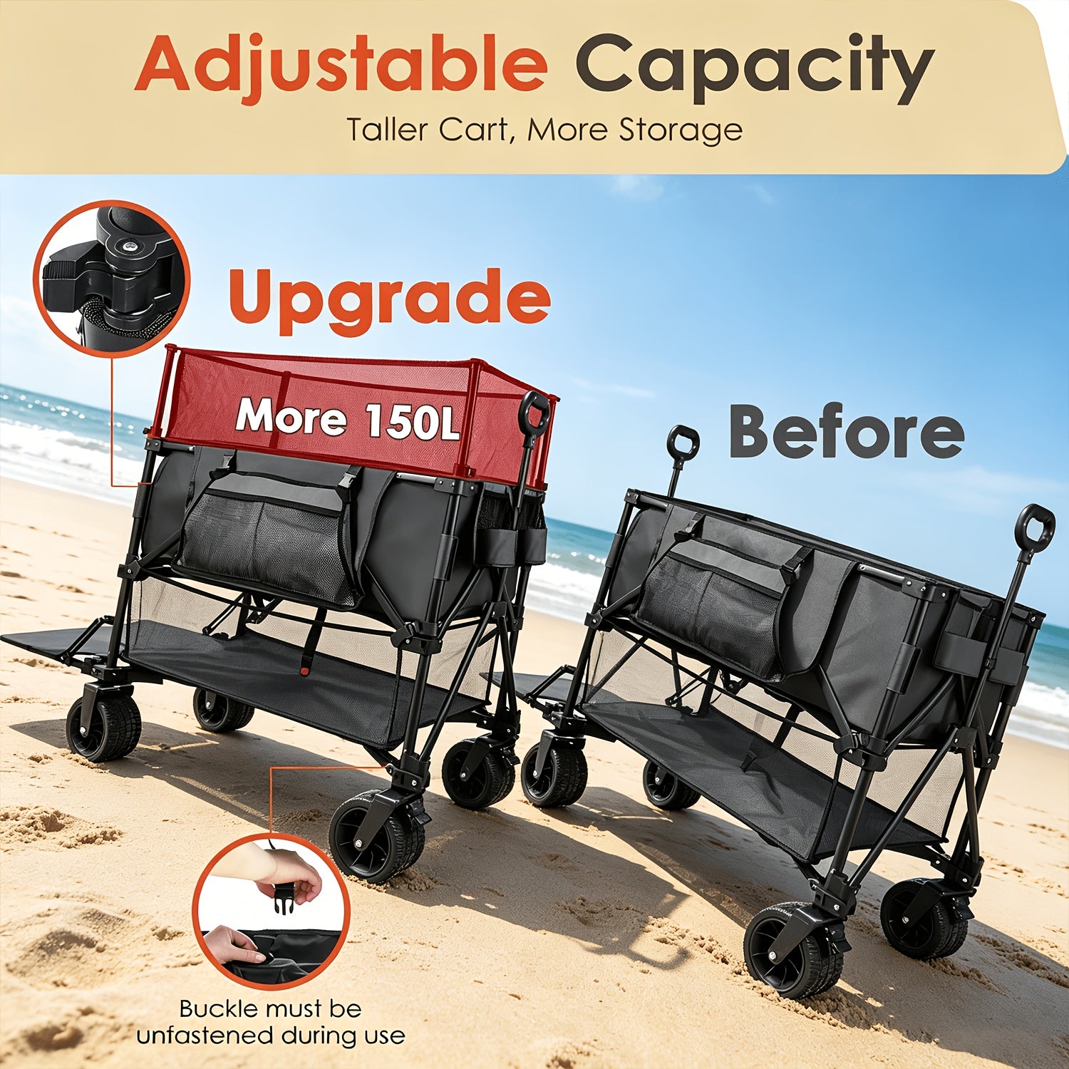 XXL Foldable Double Deck Wagon Cart, 54in Extended Size Collapsible Utility Cart with Tailgate, 8in All-Terrain Large Wheels, Heavy Load Capacity for Camping Beach Sports Grocery