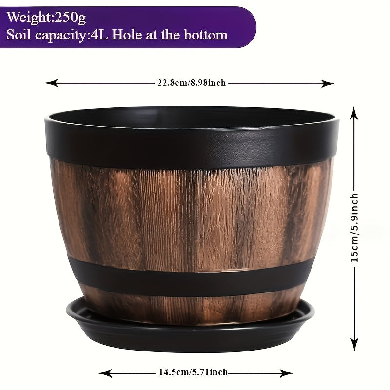 1pc Retro Whiskey Barrel Planter, Resin Striped Garden Pot with Drainage Holes and Tray, Casual Style Plastic Oval Plant Container for Herbs, Flowers, Succulents, Indoor and Outdoor Use Gardening Gift,home Decor