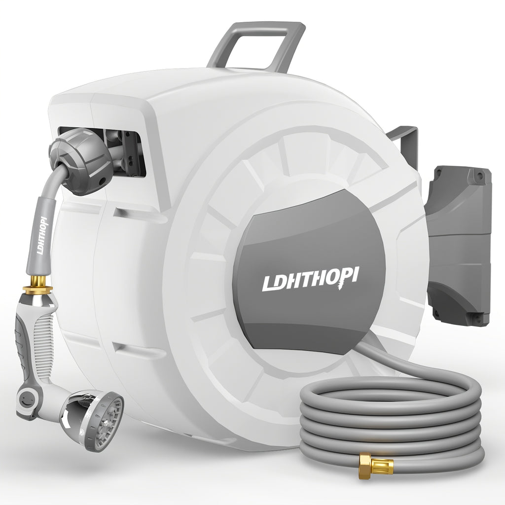 40/100/110/130FT X 1/2" Retractable Garden Hose Reel, Decorative Outdoor Garden Hose Reels - Automatic Self-Retracting Wall-Mount Hose Reel with Enclosed Storage, Any Length Lock, 10 Patterns Nozzle
