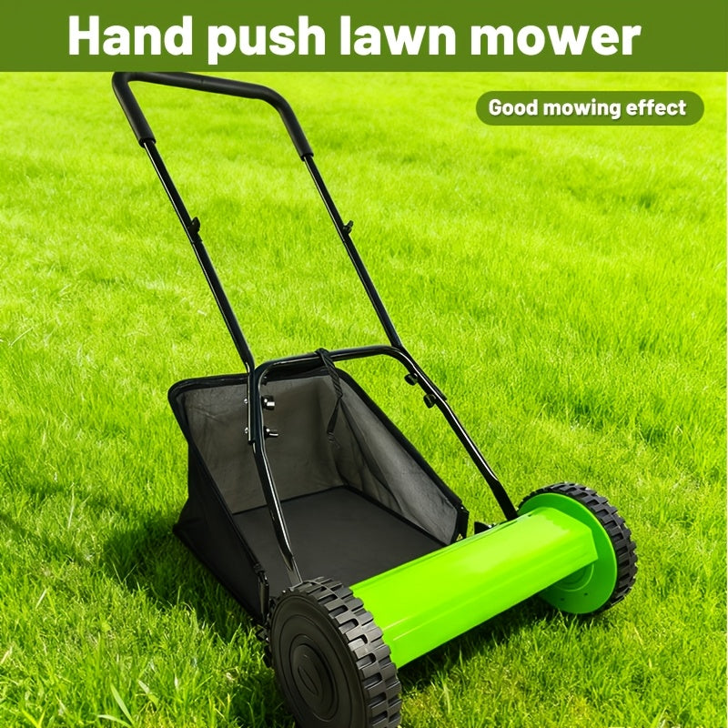 Durable Steel Construction, Precision-cut for Perfect Stripes, 12-inch 5-blade Manual Reel Push Mower, High-strength Steel Blades, Grass Catcher, Ergonomic U-shaped Handle, Dual-wheel Design. No Electricity Required, Suitable for Residential