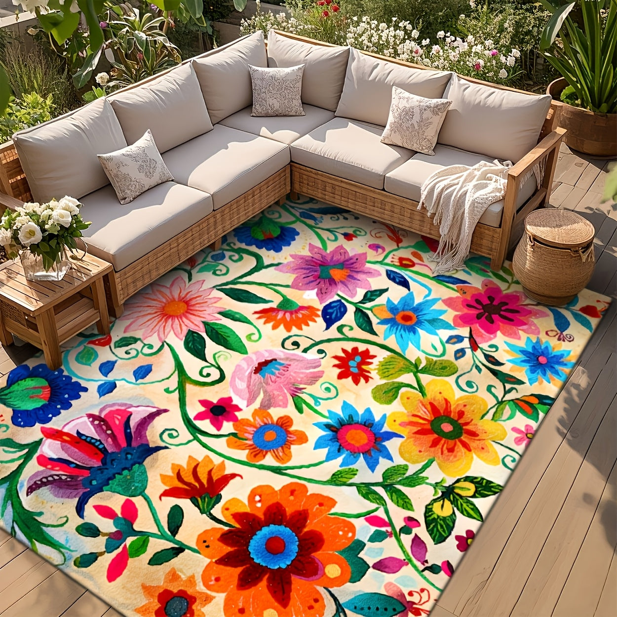 XL Outdoor Rug - Soft Faux Texture, Vibrant Floral - All-Weather Washable Mat, for Patio/Balcony/Living Room/Rv/Camping - Durable Fabric, Non-Slip Rubber Backing, XL. As Outdoor Rug, Door Mat, Cooling Gazebo Mat, RV Mat, Camping Rug & Deck Mat