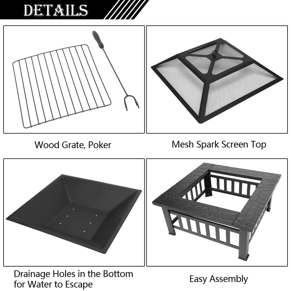 28 Inch Outdoor Fire Pit Firepit Table Metal Outdoor Fireplaces for Outside Patio Camping Black