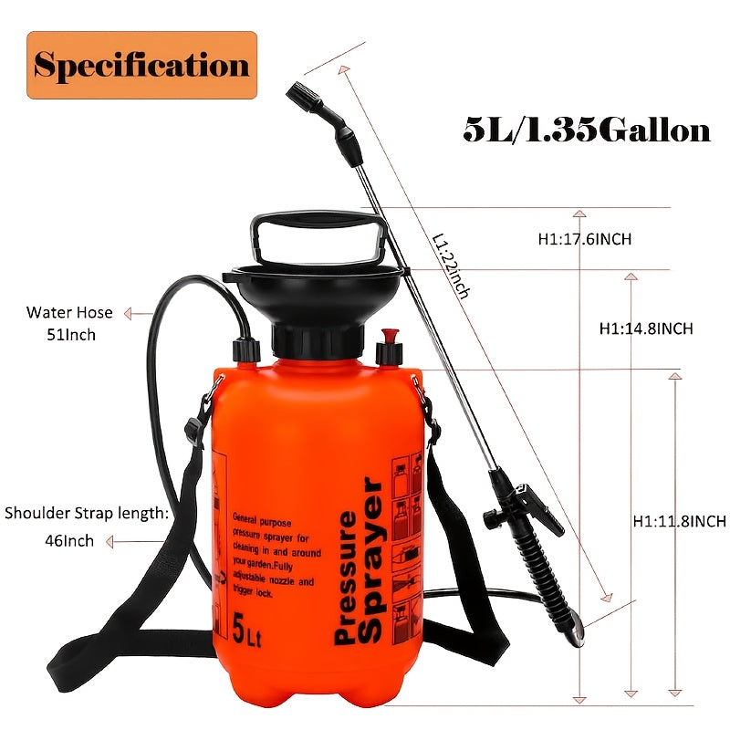 Heavy-Duty Manual Garden Sprayer with Hand Pump - Leakproof Pressure Sprayer, Adjustable Nozzle for Lawn Care, Weed Control, Plant Watering, Cleaning - Portable with Sturdy Handle - No Electricity Needed (1.3 Gal/5L) - Ideal for Home & Commercial Use, Dur