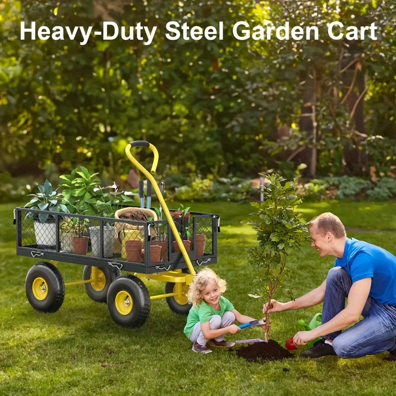 Garden Cart, Heavy-duty 900-pound Capacity, with Removable Sides, Metal Construction, 4-wheel Design, And Ergonomic Handle, Suitable for Lawn Care, Gardening, And Yard Tools., Outdoor Utility Cart, Heavyduty Hauling, Sturdy Construction, Ergonomic Handle
