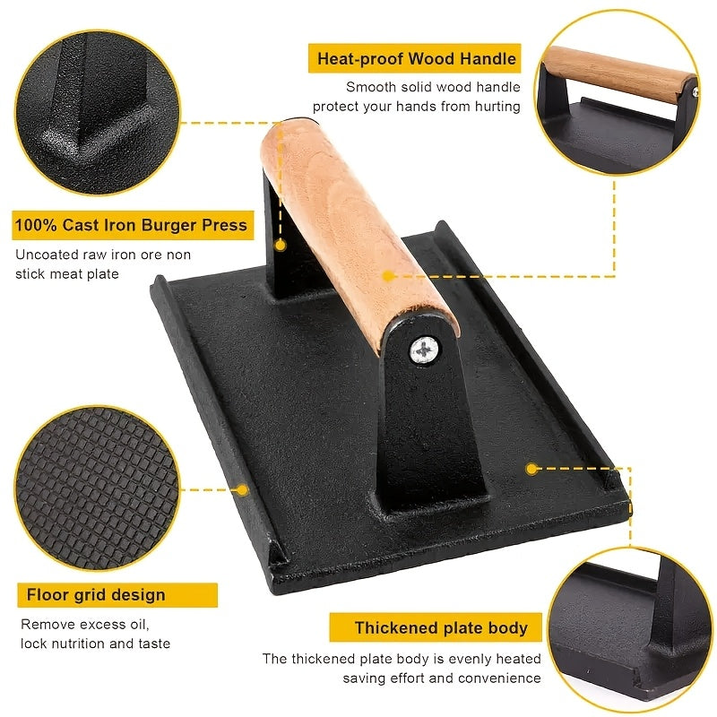 Dual-Size Cast Iron Smash Press - Heavy Duty Bacon & Patty Press with Ergonomic Wood Handle for BBQ/ Kitchen