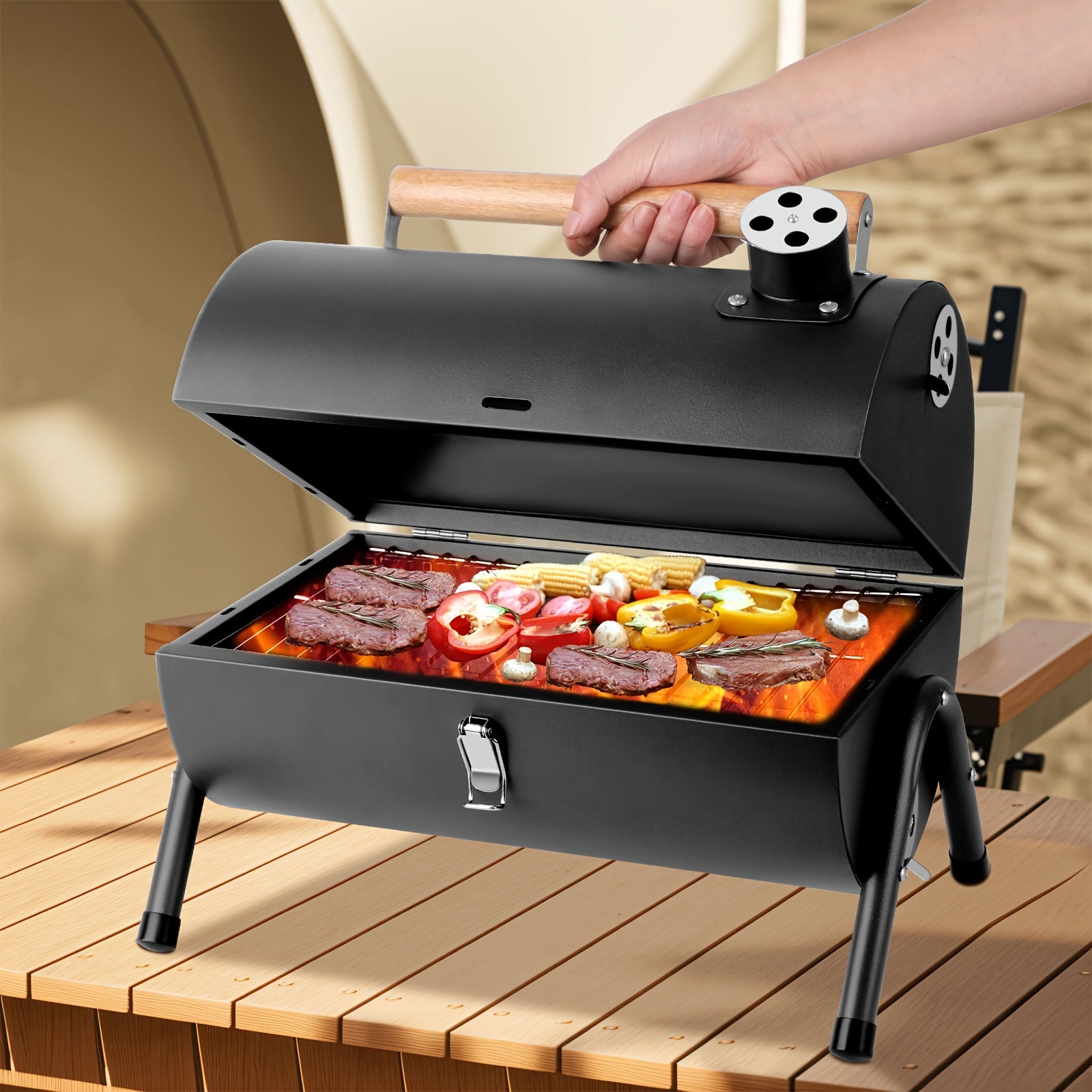 1pc Compact Portable Barrel Charcoal BBQ Grill with Double-Sided Griddle, Foldable Outdoor Smoker Grill for Camping, Cooking, Picnic & Backyard BBQ, Black, Father's Day Gift for Dad, BBQ Gifts for Men
