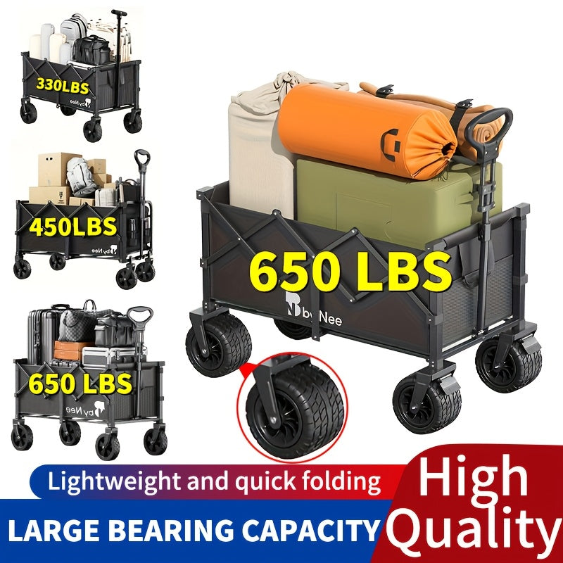 Collapsible Folding Wagon Cart, Large Capacity Camping Wagon, All Terrain Foldable Wagon, Heavy Duty Utility Wagon Cart for Grocery Outdoor Beach Gardening Shopping Fishing Black