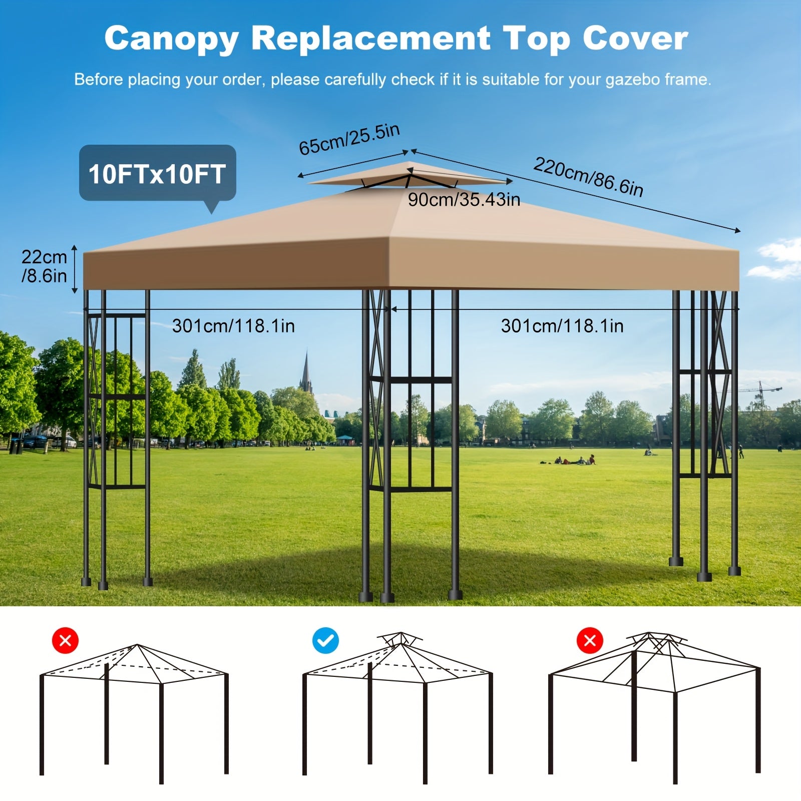 10X10 Canopy Replacement Top Cover Canopy Top Replacement Double Layer Vented Sunshade Cover 10'X10' Outdoor Gazebo for Backyard/Patio/Garden UV Resistant Top Cover solely Bracket Not Included