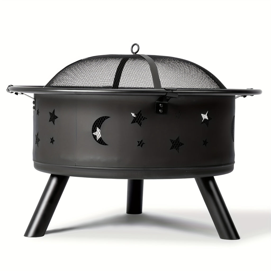 LEADZM 30in Round with Carrying Ring Mesh Lid Star And Moon Hole Wood Burning Fire Pit Iron Black
