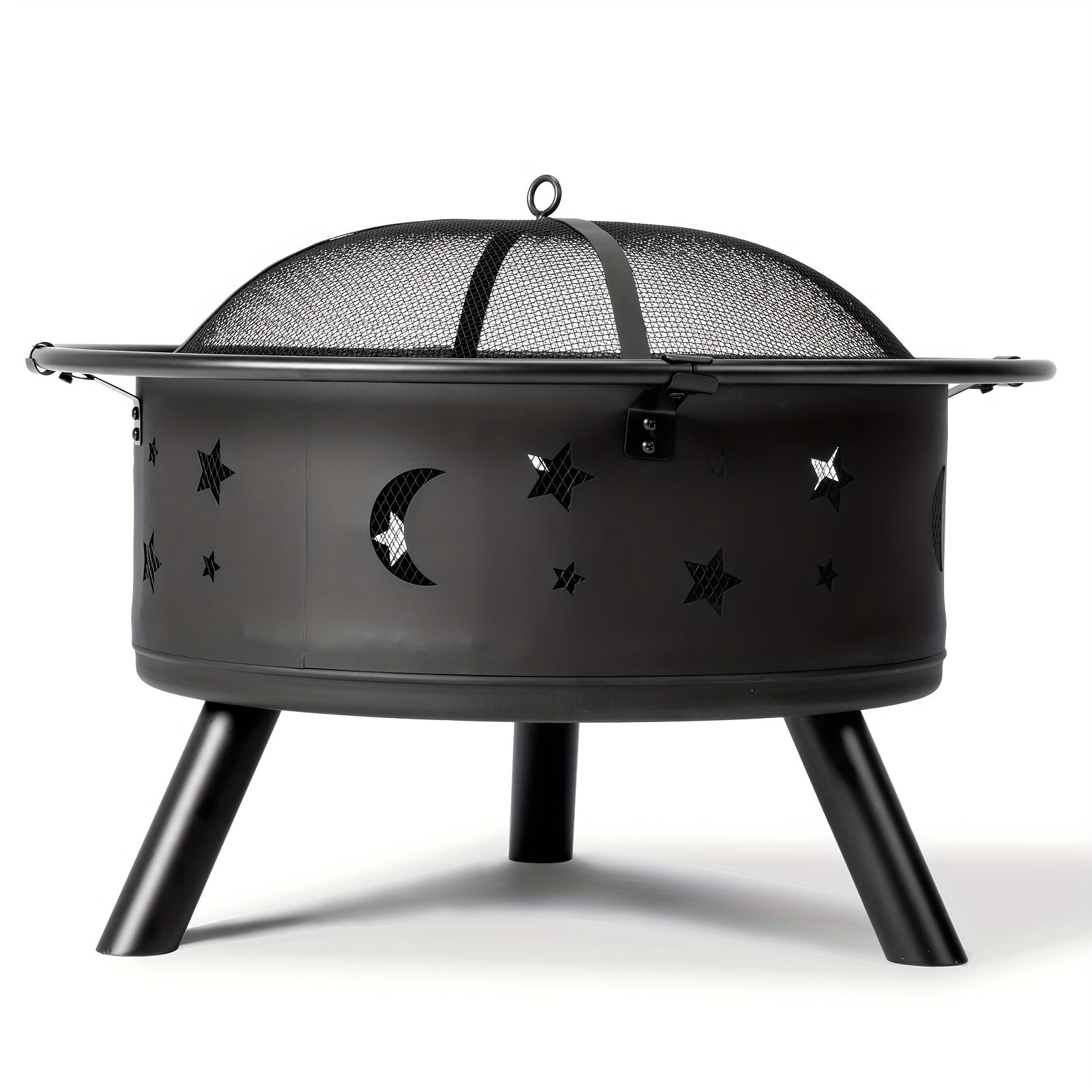 LEADZM 30in Round with Carrying Ring Mesh Lid Star And Moon Hole Wood Burning Fire Pit Iron Black