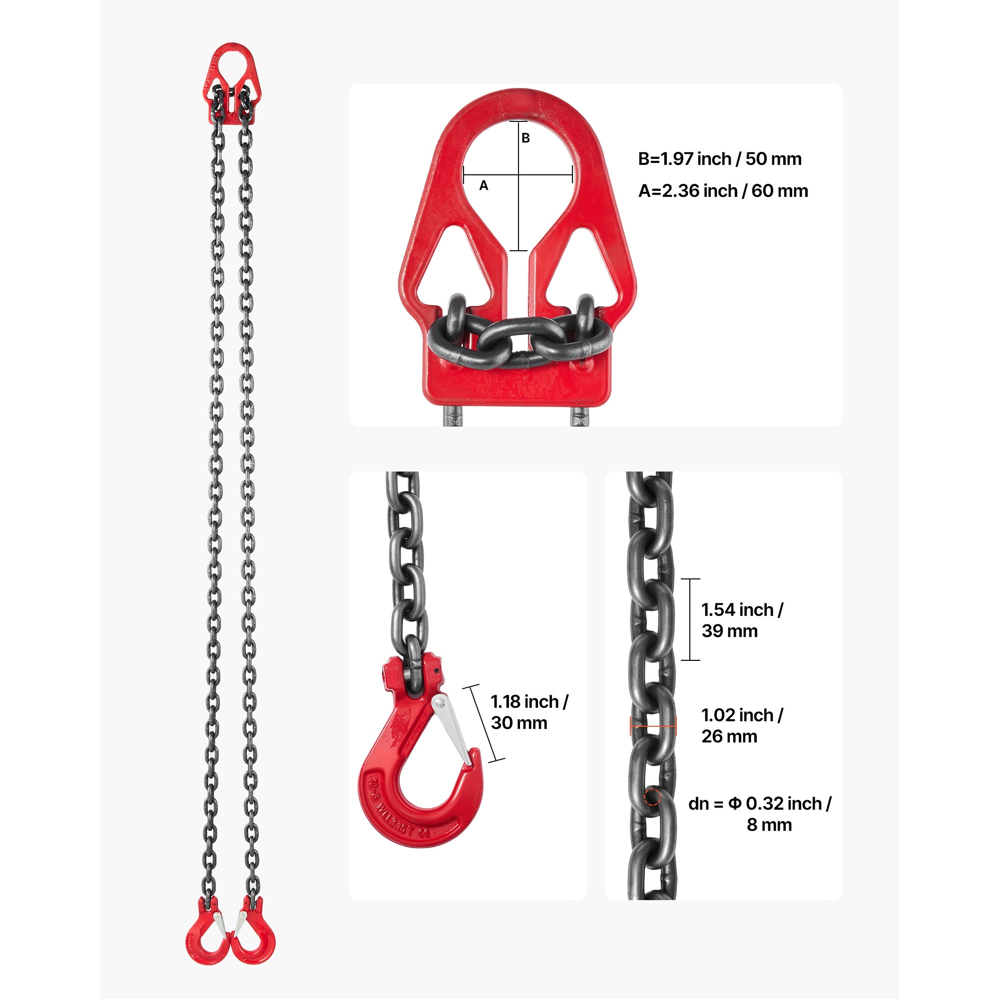 VEVOR Chain Sling, 5/16 in x 10 ft Lifting Chains with 2 Leg Grab Hooks, Heavy Duty G80 Alloy Steel Lifting Sling, 7000LBS Capacity, Adjustable Engine Chain Hoist Lifts for Cargo Security Towing