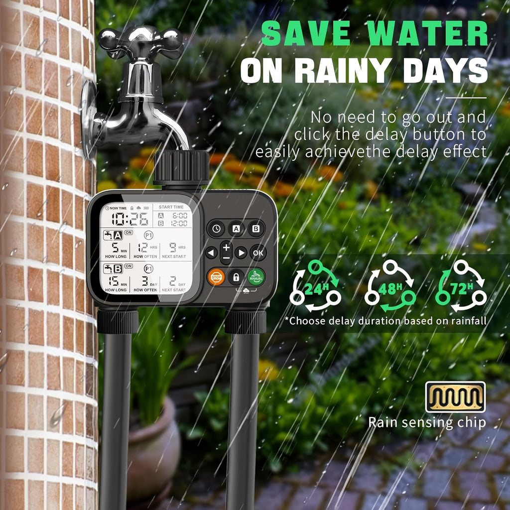 Garden Hose Watering Timer - Water Timer with 2 Outlets - Rain Delay/Manual Watering/Automatic Irrigation Control System Hose Timer for Plants, Gardens, Lawns and Outdoors Programmable Faucet Timer